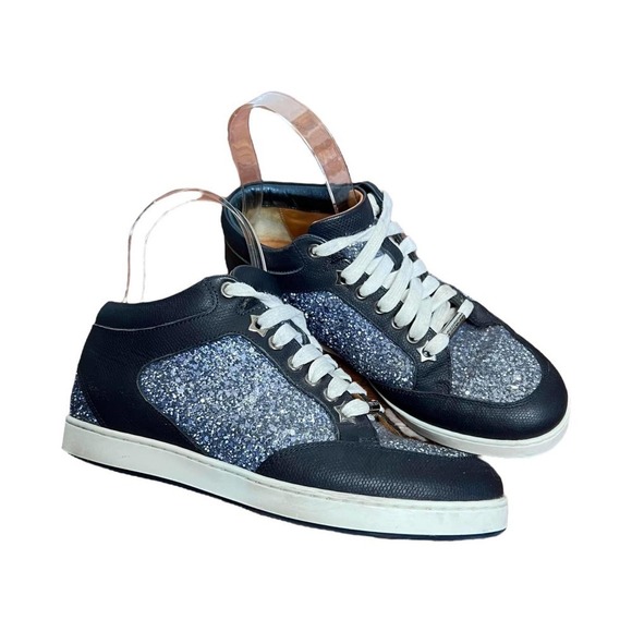 Jimmy Choo Sneakers Leather‎ Navy Blue Glitter Low Top Size 35.5 - Picture 2 of 8